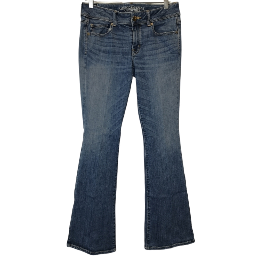 American Eagle Women's Denim Jean Kick Boot Flare Stretch Low Rise Size 10